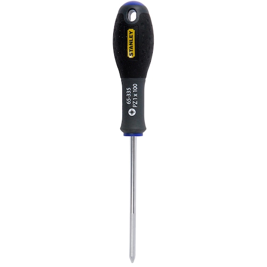 STANLEY 1-65-335 Pozidriv screwdriver with black and yellow handle, straight-on view, white background.