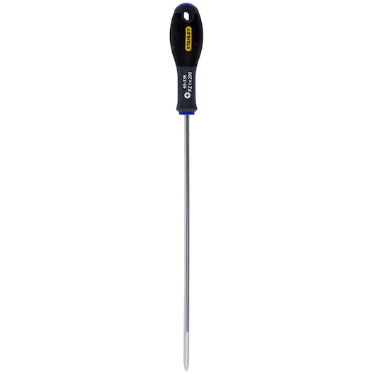 STANLEY 1-65-336 long Phillips screwdriver with black handle, straight-on angle, on white background.