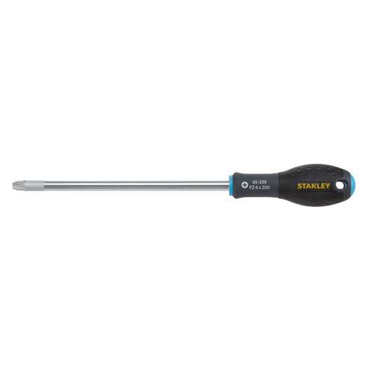 Stanley long Pozidriv screwdriver with black handle and silver shaft, suitable for detailed screw work.