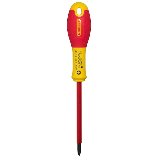 Stanley insulated Phillips screwdriver with red and yellow handle for electrical work, model 1-65-415.