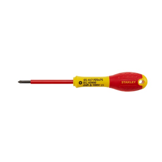STANLEY 1-65-417 insulated Pozidriv screwdriver with red and yellow handle, product side view, white background.