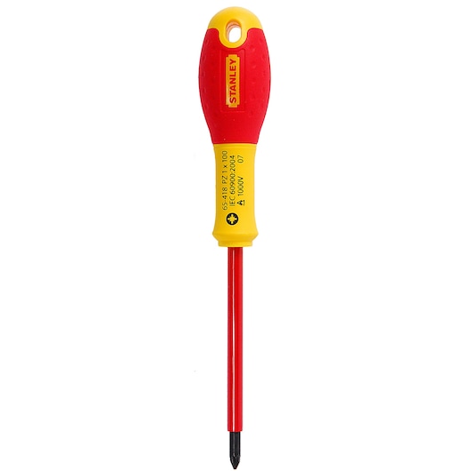 STANLEY 1-65-418 insulated Phillips screwdriver with yellow and red handle, front angle on white background.