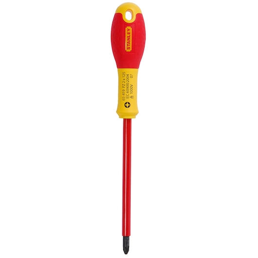 STANLEY 1-65-419 insulated Phillips screwdriver with red and yellow handle, product photo on white background.
