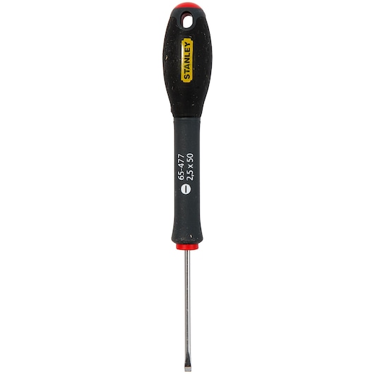 Stanley flathead screwdriver with black handle and metal shaft, model 1-65-477, shown upright.