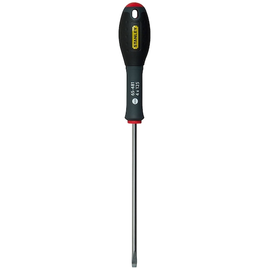 Photo of STANLEY 1-65-481 slotted screwdriver with black and yellow handle, front view on white background.