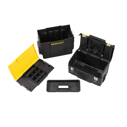 STANLEY 1-70-326 black and yellow modular toolbox set shown open from top angle.
