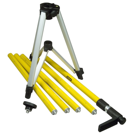 STANLEY 1-77-022 photography tripod with aluminum legs and yellow measuring rods, angled front view.