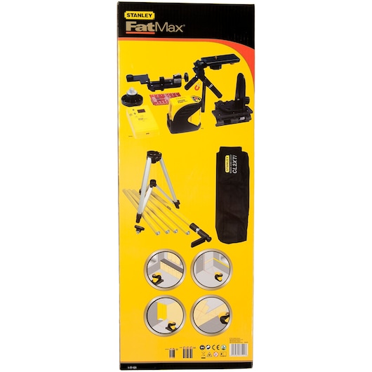 Photo of STANLEY 1-77-121 photography kit packaging showing tripod, laser level, clamps, and carry bag.