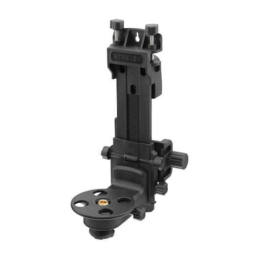 Photo of STANLEY 1-77-221 photography bracket, black adjustable mounting accessory, front angle on white background.