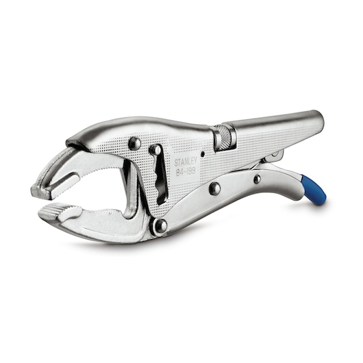 Photo of STANLEY 1-84-199 curved jaw locking pliers with silver finish, textured grip, and blue handle tip, side angle.