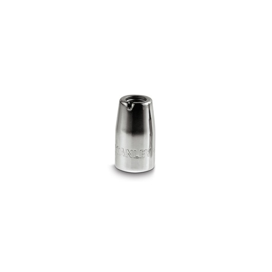 Silver Stanley metal tripod adapter, cylindrical, with threaded opening, photographed on a white background.
