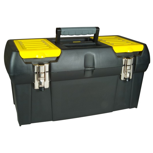 STANLEY 1-92-066 black and yellow toolbox with metal latches, top handle, front angle, photography.