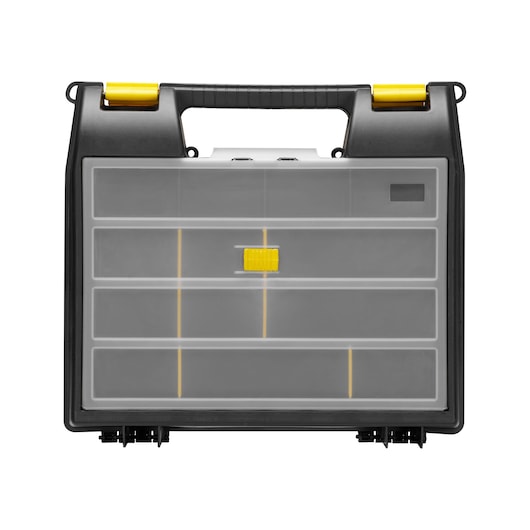 Stanley plastic organiser case with handle, transparent front and yellow latches for storing small items.