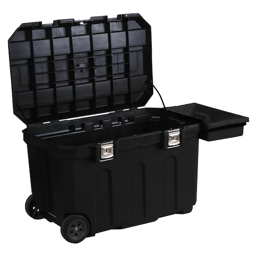 Photo of STANLEY 1-93-278 black wheeled tool chest with open lid and removable tray, product on white background.