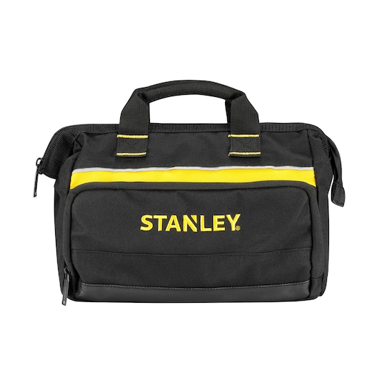 STANLEY 1-93-330 tool bag, black fabric with yellow stripe, front view on white background.