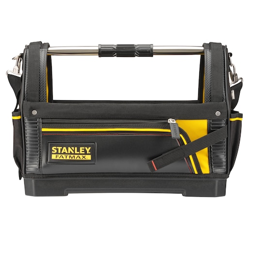 STANLEY 1-93-951 tool bag, black and yellow, front angle, open top with metal handle.