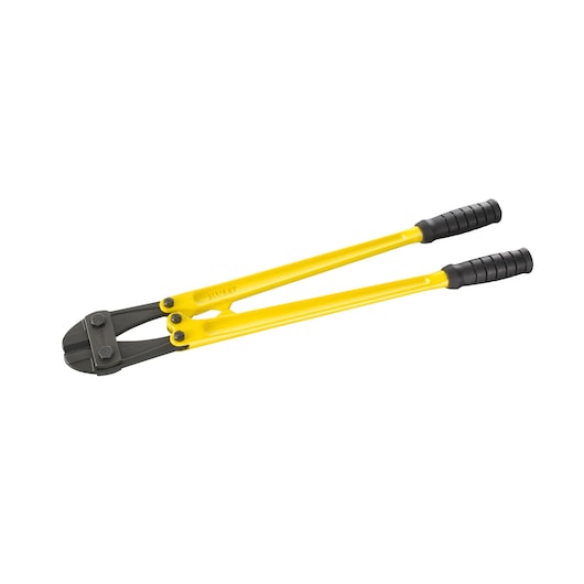 STANLEY 1-95-566 bolt cutter with yellow handles and black grips, side angle, on white background.
