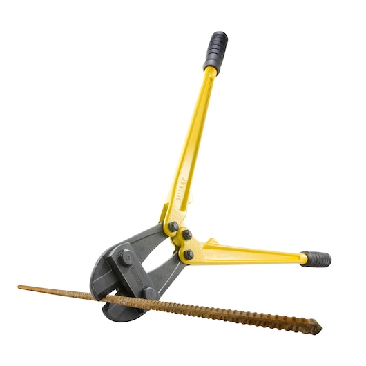 STANLEY 1-95-566 bolt cutter with yellow handles and black grips cutting a metal rod, side angle on white background.