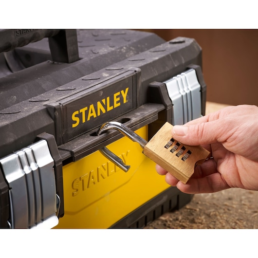 STANLEY 1-95-612 photography of toolbox with combination padlock, close-up angle.