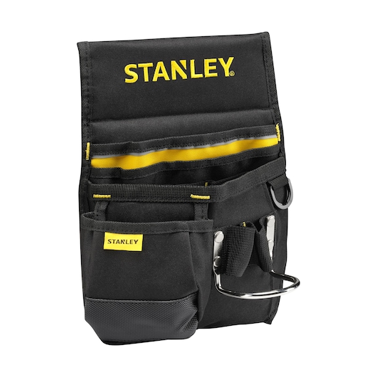 Photo of STANLEY 1-96-181 black tool pouch with multiple pockets, front view on white background.