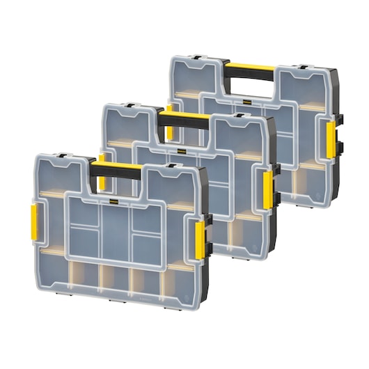 STANLEY 1-97-487 stackable organizer cases, clear lids, yellow latches, front angle, photography.