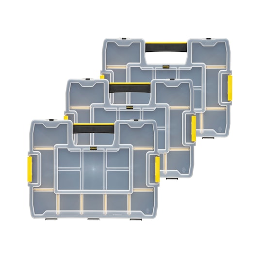 STANLEY 1-97-487 set of three clear plastic organizers with multiple compartments, top view on white background.