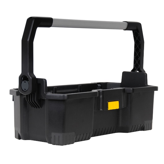 STANLEY 1-97-506 black open toolbox with sturdy handle, front angle, photography of storage container.