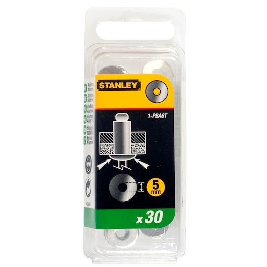 STANLEY 1-PBA6T pack of 30 aluminum rivet washers, 5mm, front view on white background.