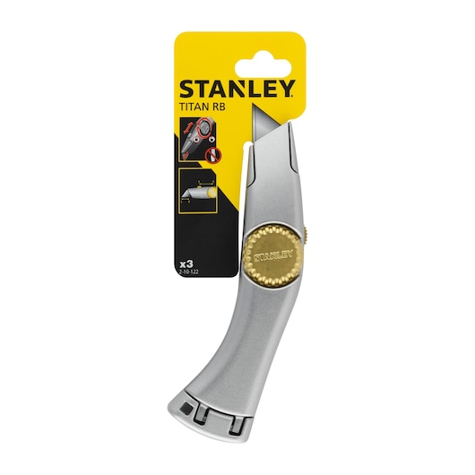 STANLEY 2-10-122 utility knife, silver metal body with gold screw, packaging front view.
