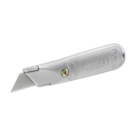 Silver STANLEY utility knife with a sharp straight blade and textured handle, model 2-10-199.