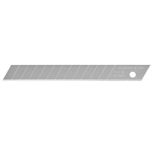 STANLEY 2-11-300 utility snap-off blade, silver, angled end, single blade, horizontal view, photography.