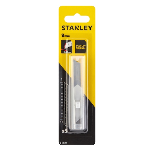 STANLEY 2-11-300 9mm snap-off utility blades in blister pack, front angle, yellow and black packaging.