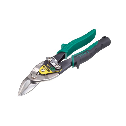 STANLEY 2-14-564 aviation snips with green and black handles, angled view on white background.