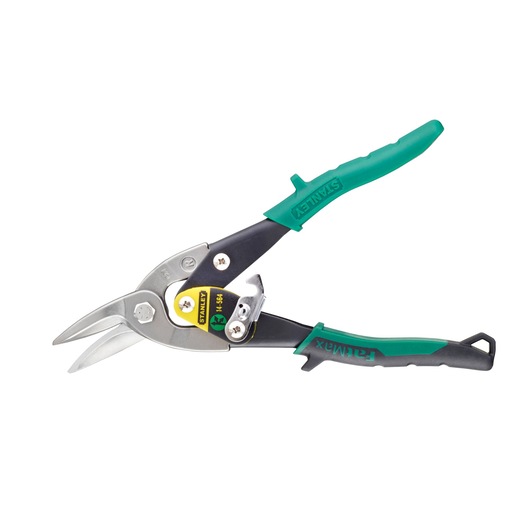 STANLEY 2-14-564 aviation snip with green and black handles, side view on white background.
