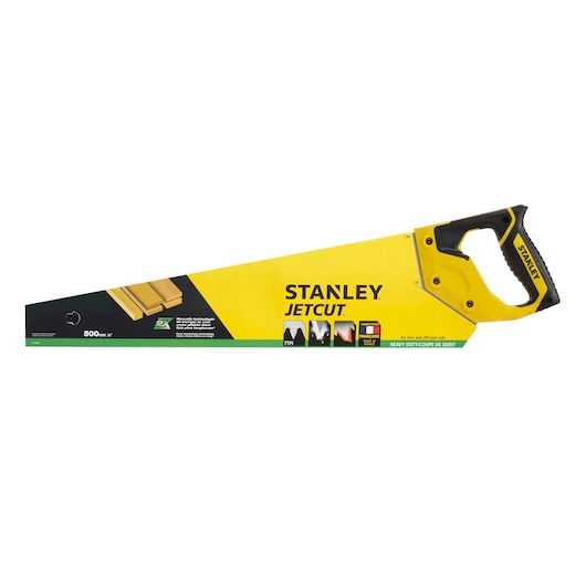 Stanley 2-15-288 Jetcut hand saw, yellow and black, side angle, photography product category.
