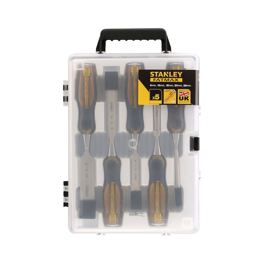 STANLEY 2-16-271 chisel set in transparent plastic case, five chisels with black and yellow handles, front view.