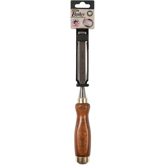 STANLEY 2-16-390 wood chisel with brown wooden handle, Bailey series, front angle on white background.