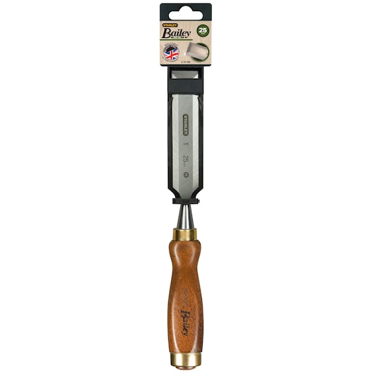 STANLEY 2-16-392 wood chisel with wooden handle, 25 mm blade, photographed vertically on white background.