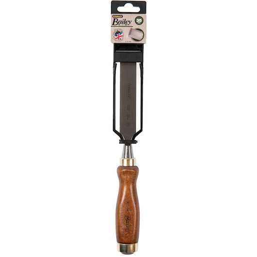 STANLEY 2-16-395 woodworking chisel with wooden handle, front angle, white background.
