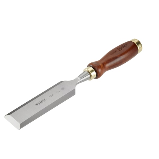 Stanley woodworking chisel with sharp steel blade and brown wooden handle, shown on a white background.