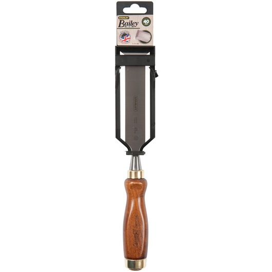 STANLEY 2-16-396 woodworking chisel, straight-on angle, wooden handle, metal blade, white background.