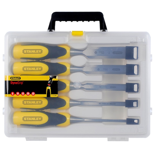 STANLEY 2-16-888 chisel set with yellow and black handles in transparent carry case, top view.
