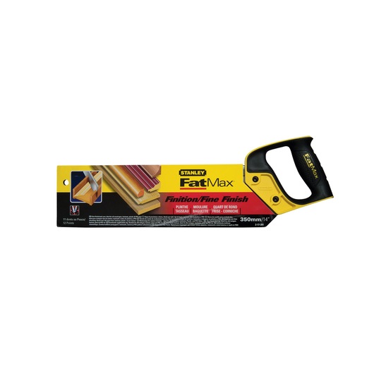 STANLEY 2-17-201 FatMax fine finish saw, 350mm length, side angle, yellow and black handle.