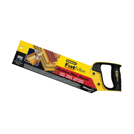 STANLEY 2-17-202 FatMax handsaw with black and yellow handle, side angle, 350mm blade.