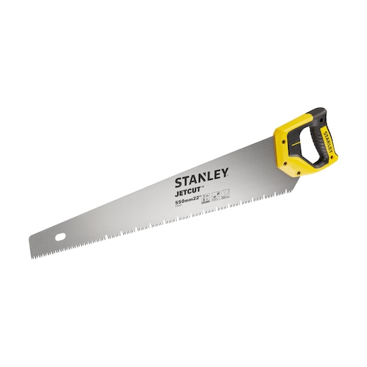 STANLEY 2-20-037 hand saw with yellow and black handle, side angle, white background.
