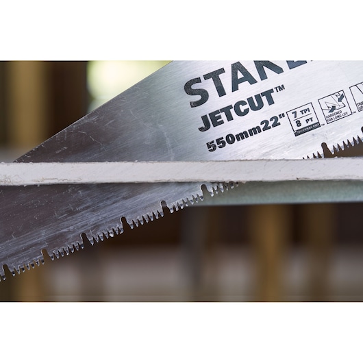 Stanley 2-20-037 JetCut™ hand saw blade close-up, showing sharp teeth and product details.