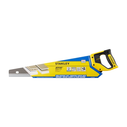 Photo of STANLEY 2-20-037 hand saw with yellow and black handle and JETCUT label, side angle on white background.