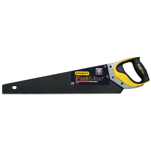 Stanley 2-20-529 FatMax hand saw, black blade, yellow and black handle, side view, photography