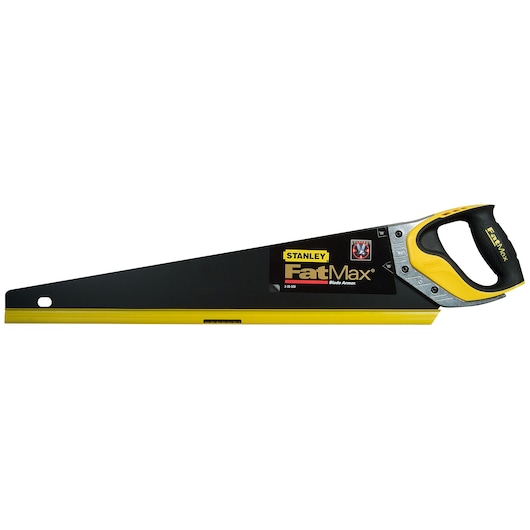 Stanley 2-20-530 hand saw FatMax, yellow and black, side angle, ergonomic handle.