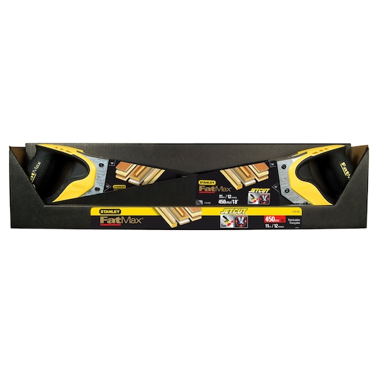 Stanley FatMax JetCut hand saw with yellow and black handle in packaging, 450 mm size displayed.